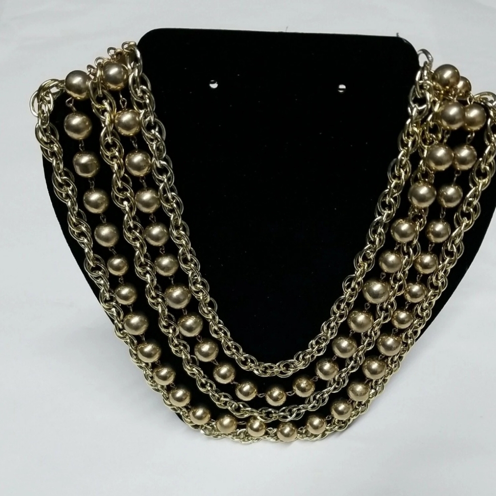 Vintage Gold Tone Layered, Chain Bead Necklace 19"